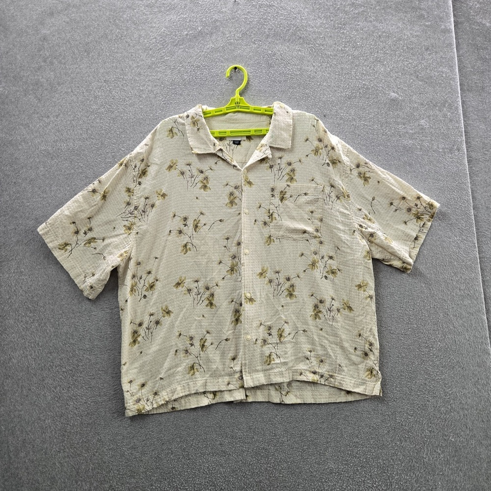American Eagle Men Button Up Shirt XXL Beige Cotton Linen Floral Loop Collar
